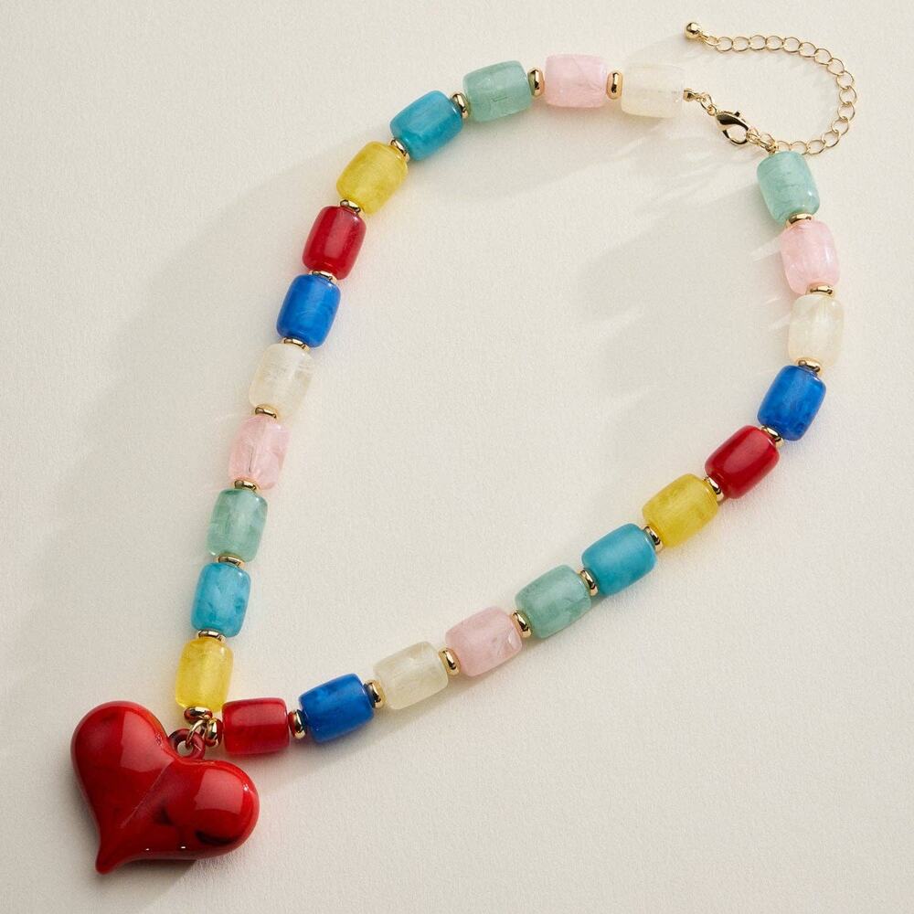 Colorful Beaded Heart Necklace | Multi-Color Barrel Bead Necklace in Multicolor